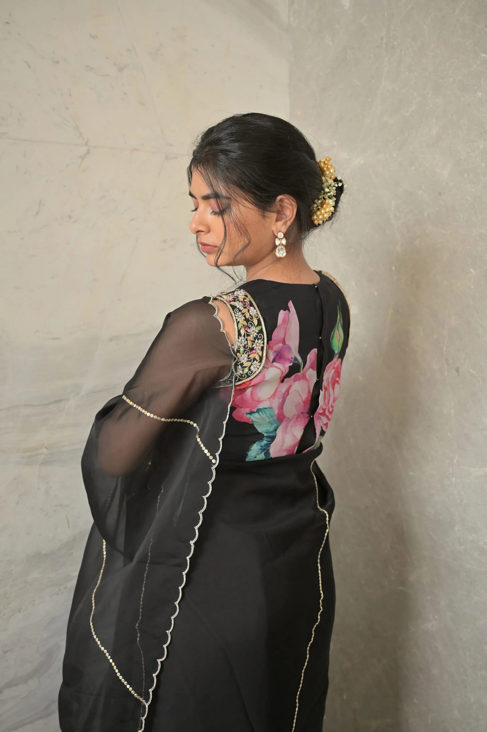 Midnight Bloom Black Organza Saree with Floral Blouse - Modern Saree