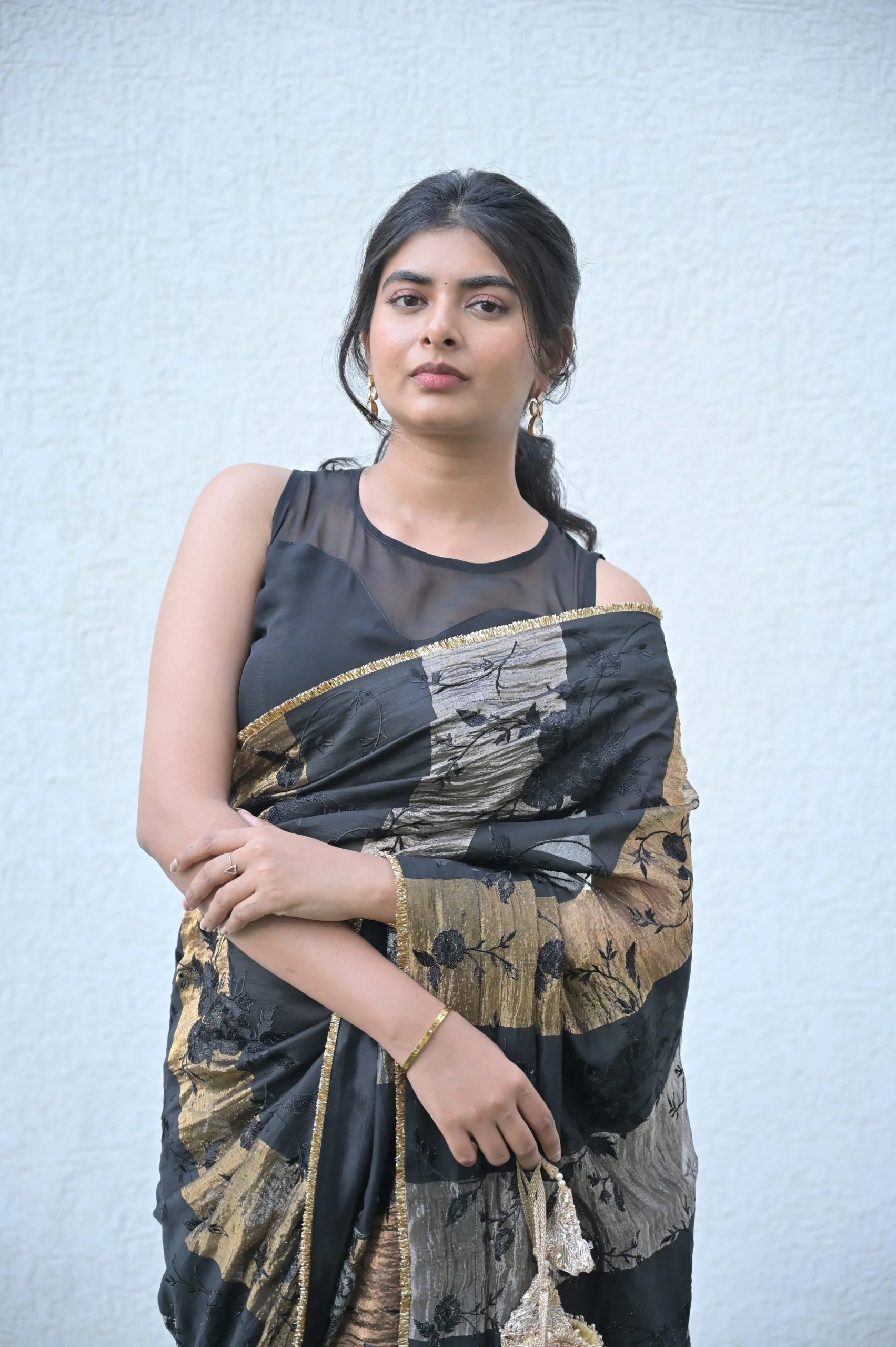 Jet Black Abstract Print Tissue Saree - Digital Print Saree