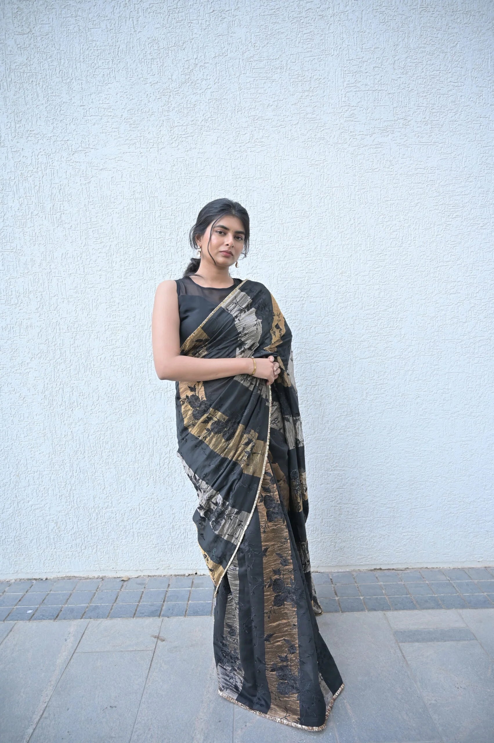 Jet Black Abstract Print Tissue Saree - Digital Print Saree