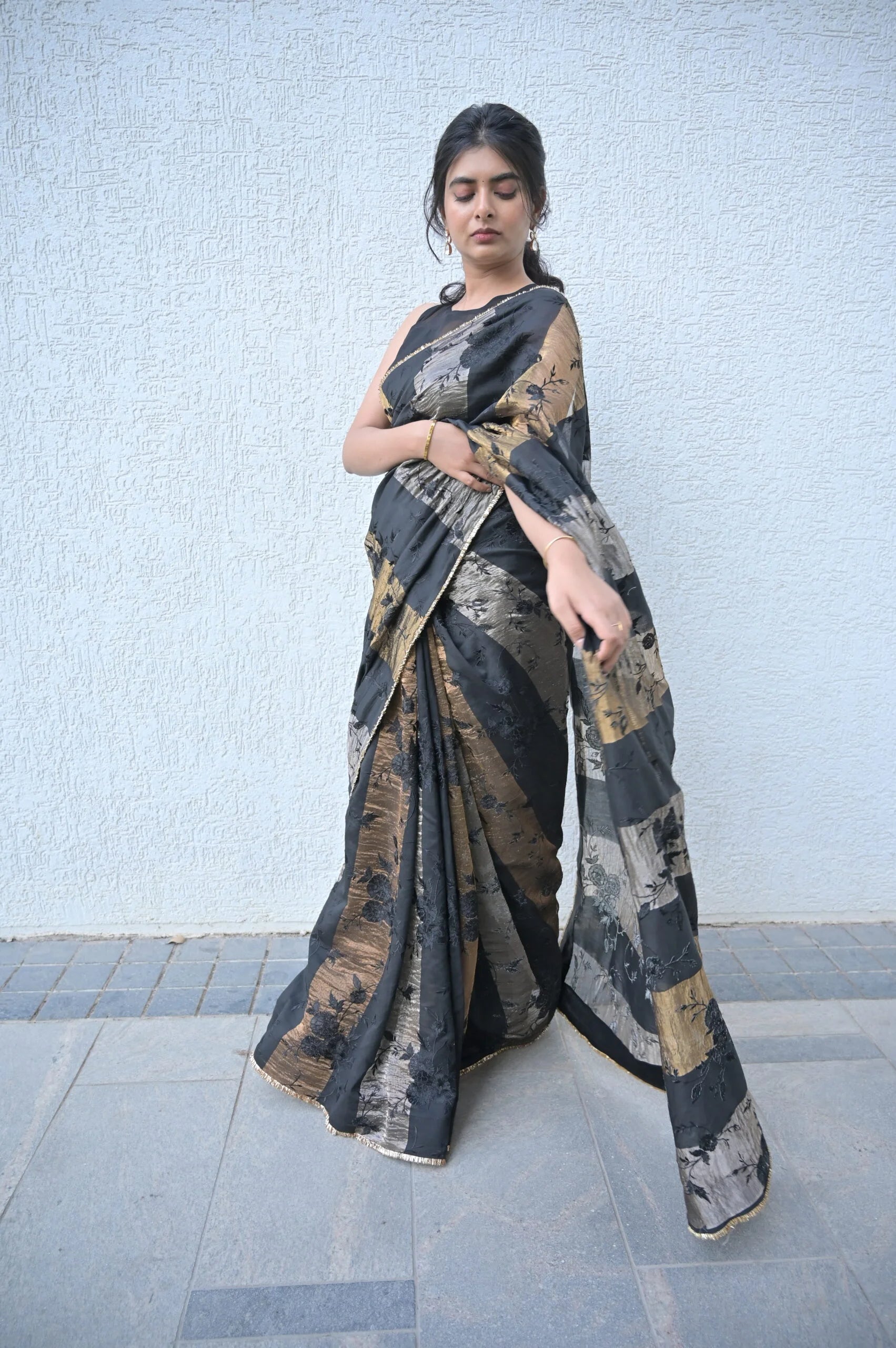 Jet Black Abstract Print Tissue Saree - Digital Print Saree