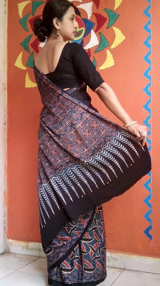 Rust Black Modal Silk Ajrakh Handblock Saree Nature Inspired