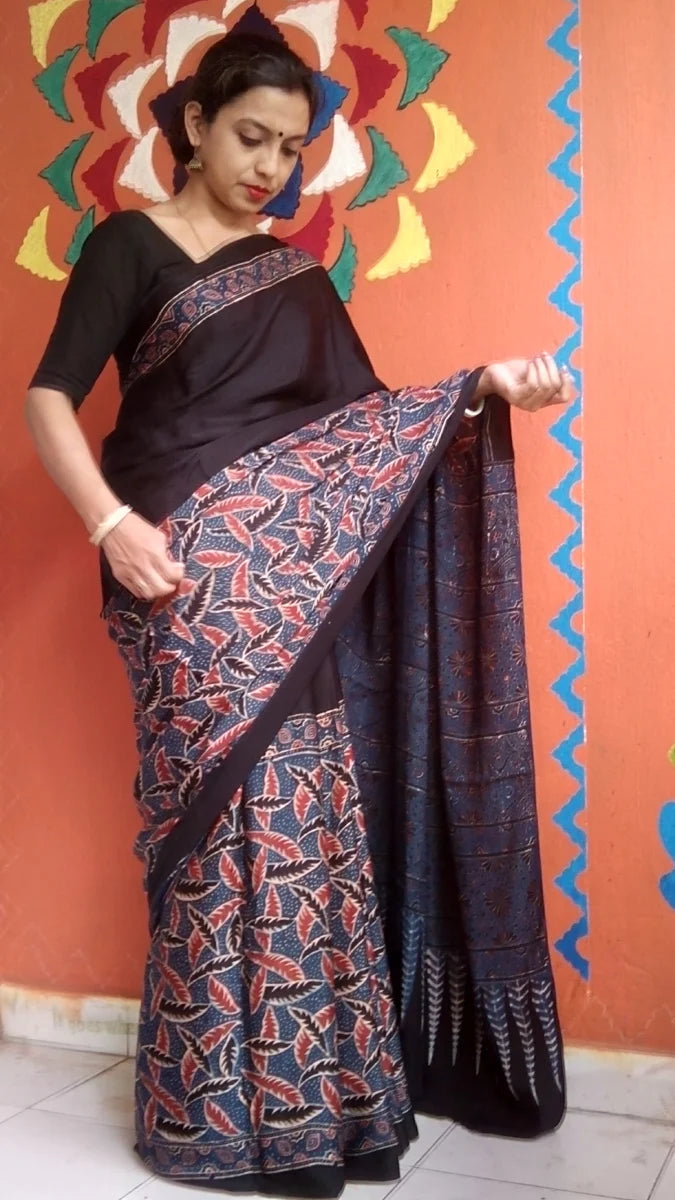 Rust Black Modal Silk Ajrakh Handblock Saree Nature Inspired