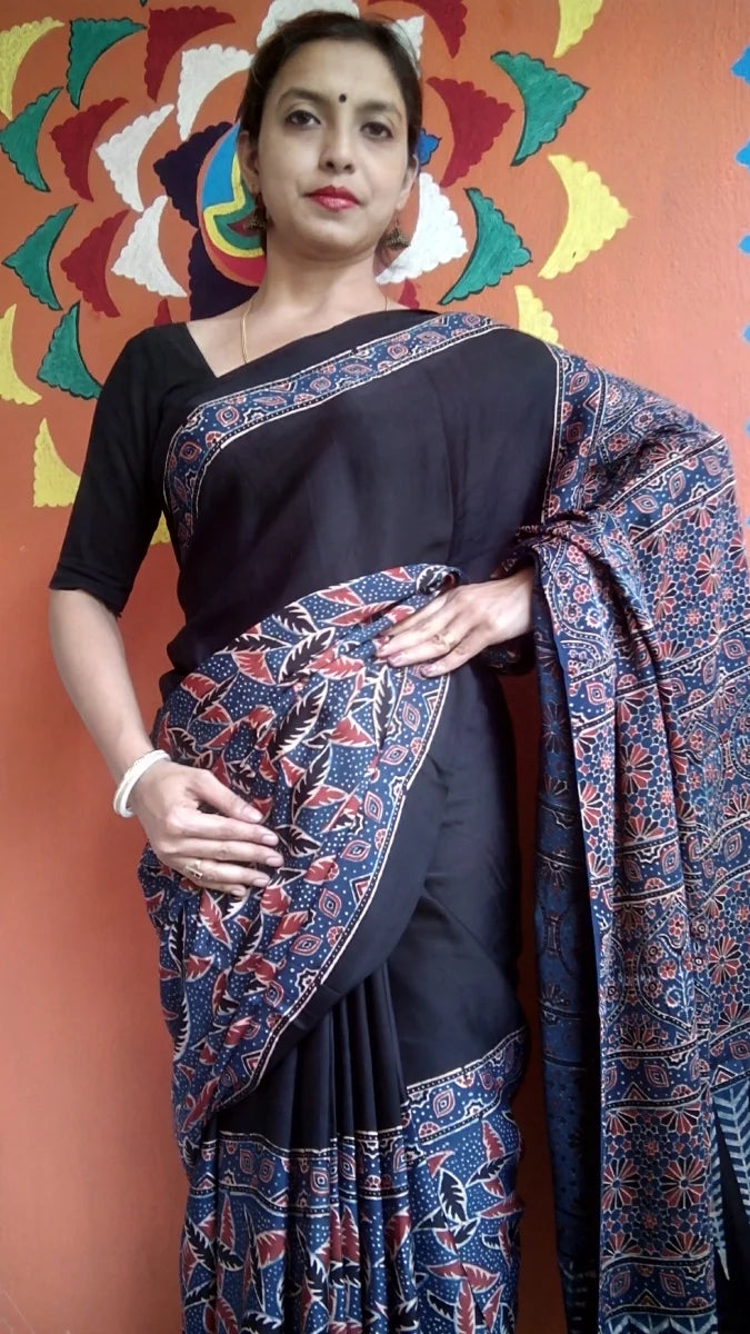 Rust Black Modal Silk Ajrakh Handblock Saree Nature Inspired