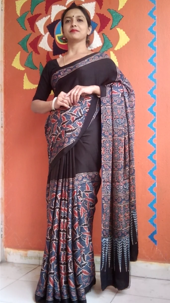 Rust Black Modal Silk Ajrakh Handblock Saree Nature Inspired