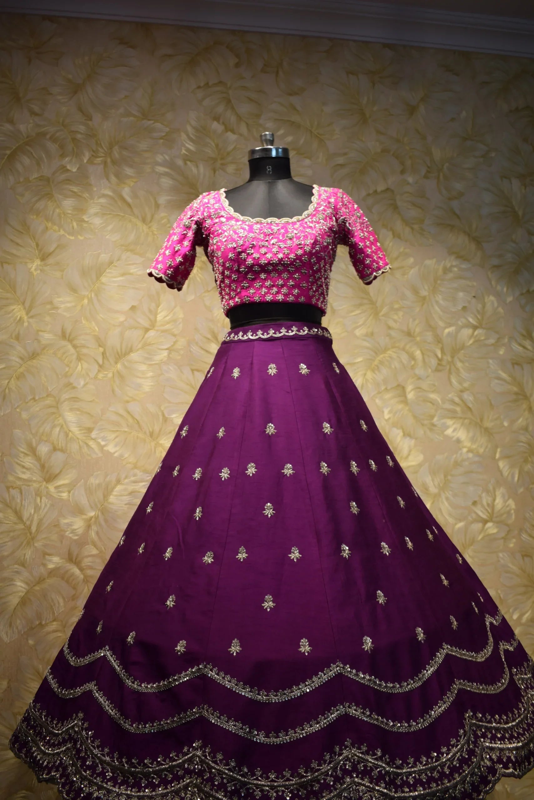 Stunning Pink Plum Raw Silk Zardozi Lehenga Saree Set