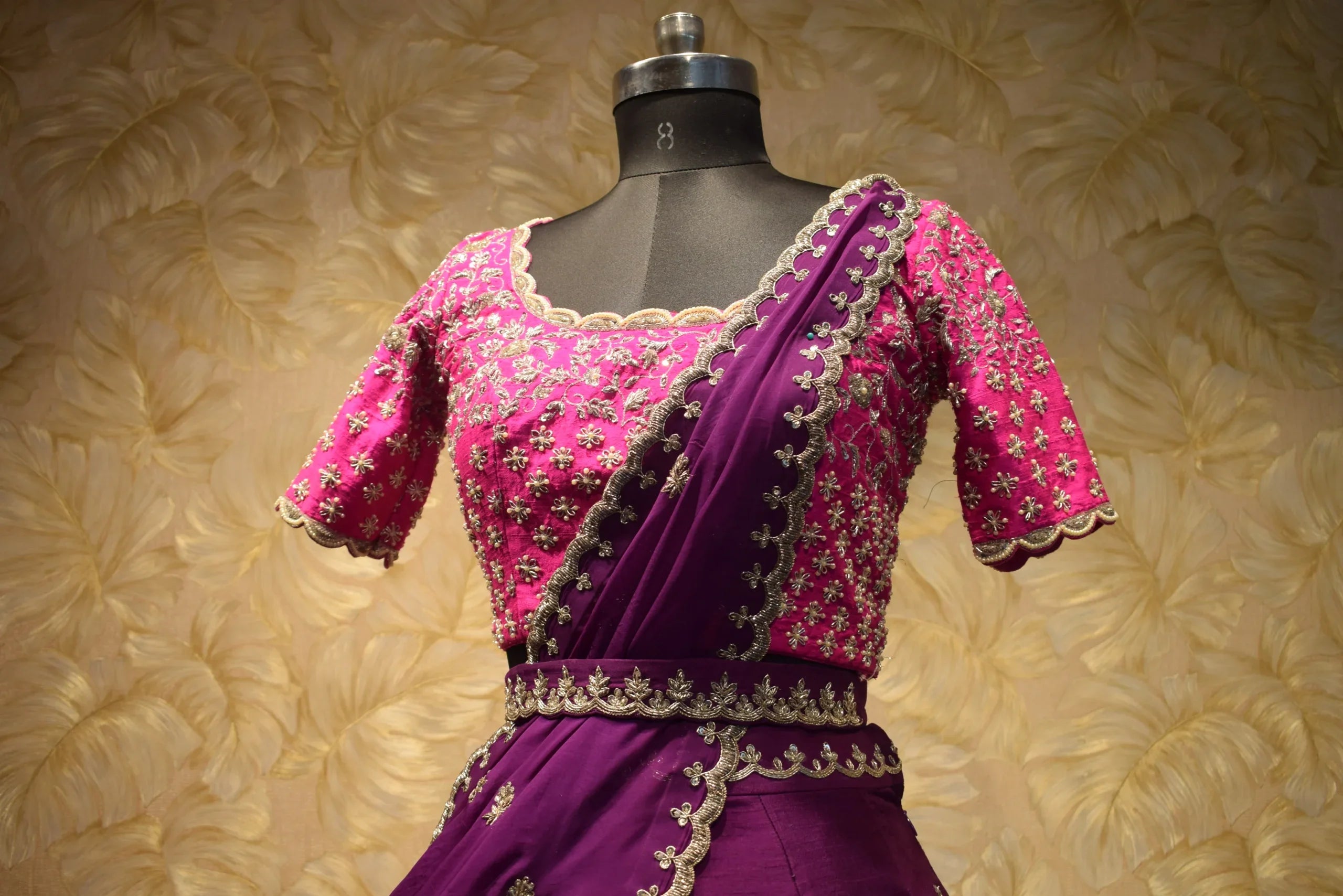 Stunning Pink Plum Raw Silk Zardozi Lehenga Saree Set