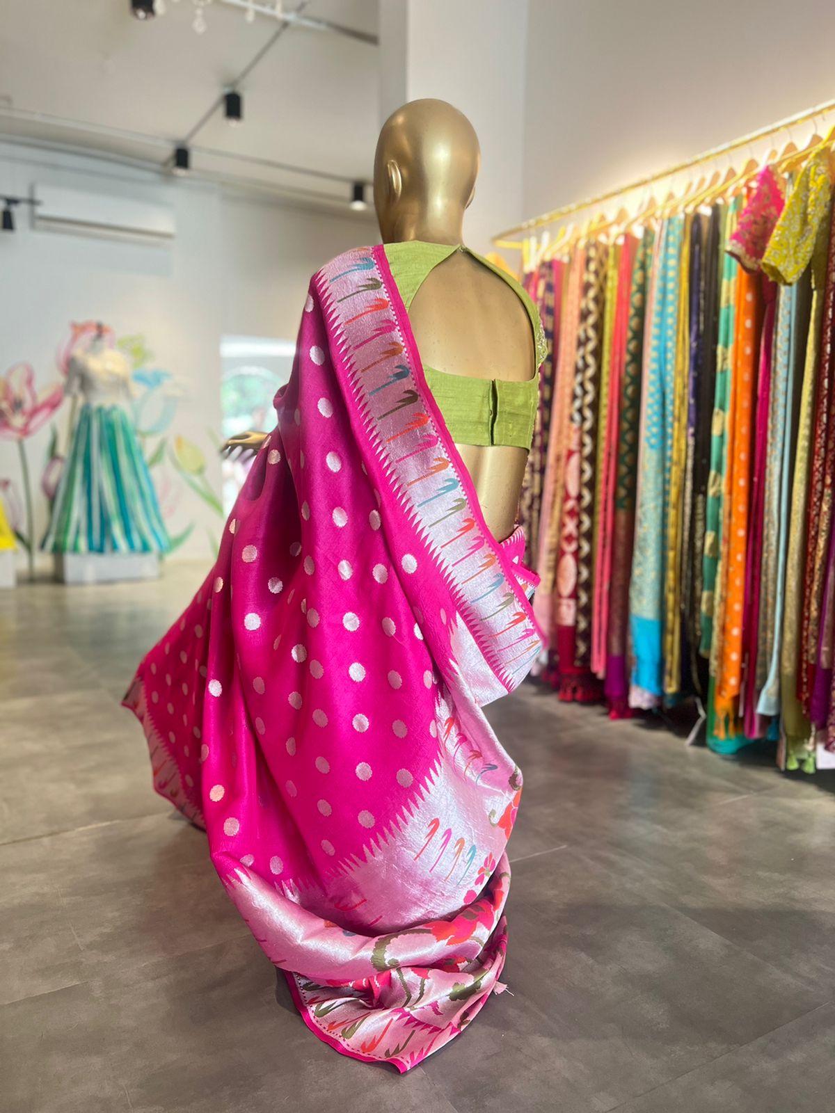 Pink Polka Dot Pythani Silk Saree with Silver Zari Butas - Traditional Saree