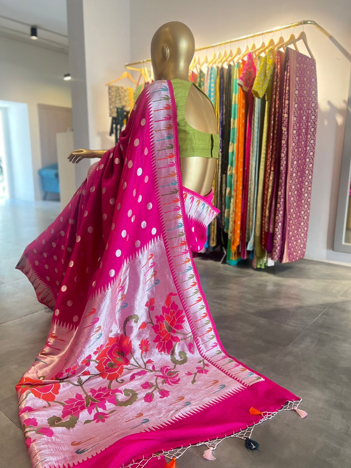 Pink Polka Dot Pythani Silk Saree with Silver Zari Butas - Traditional Saree
