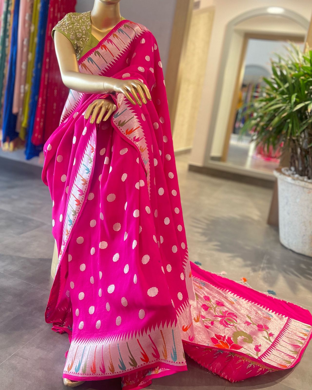 Pink Polka Dot Pythani Silk Saree with Silver Zari Butas - Traditional Saree