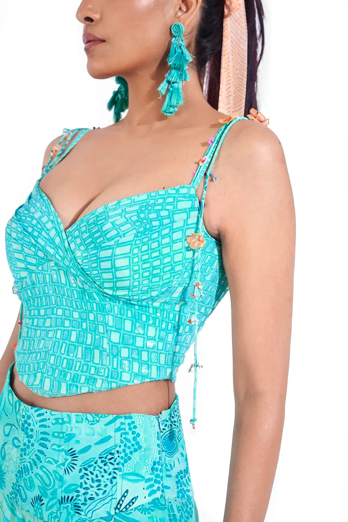 Opulent Blue Aqua Organza Raya Printed Corset Top Handmade Charms