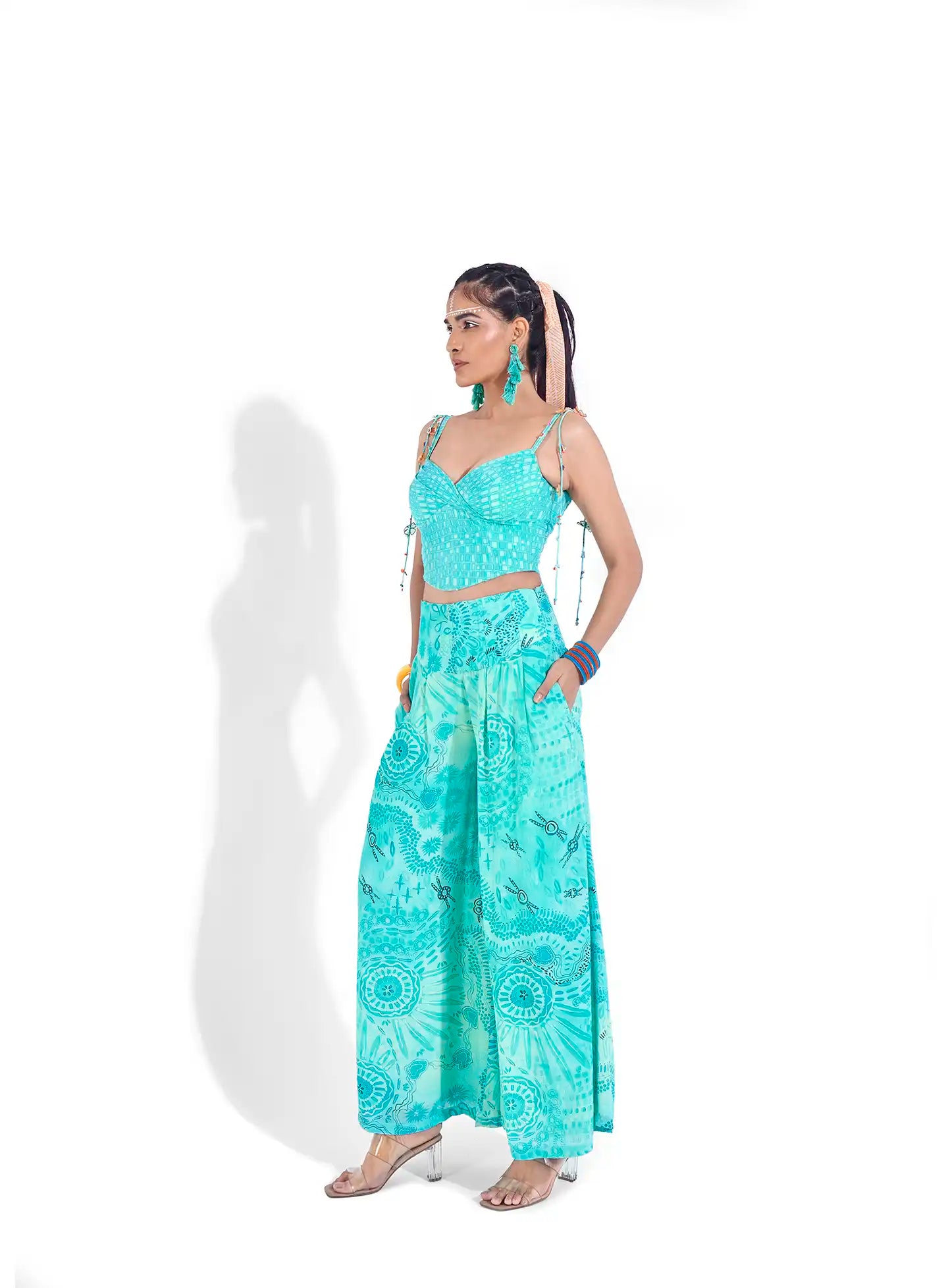 Opulent Blue Aqua Organza Raya Printed Corset Top Handmade Charms
