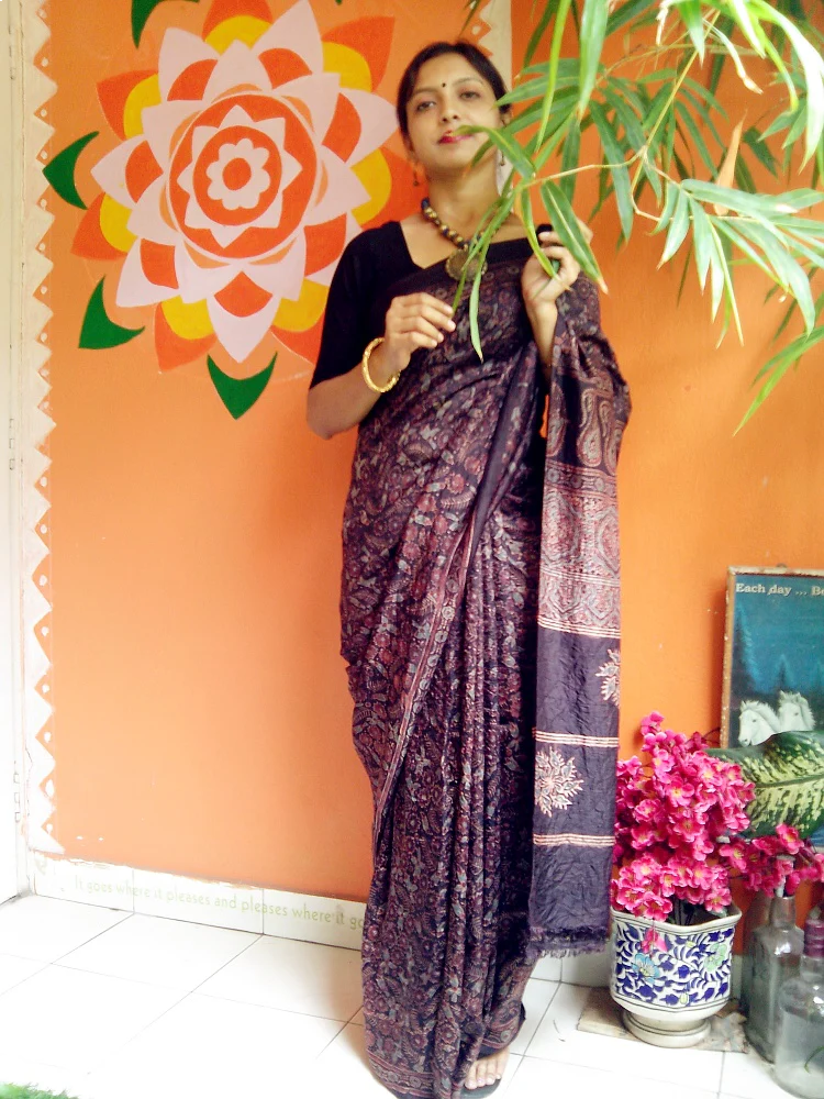 Rust Brown Mulberry Silk Ajrakh Handblock Saree Nature Inspired