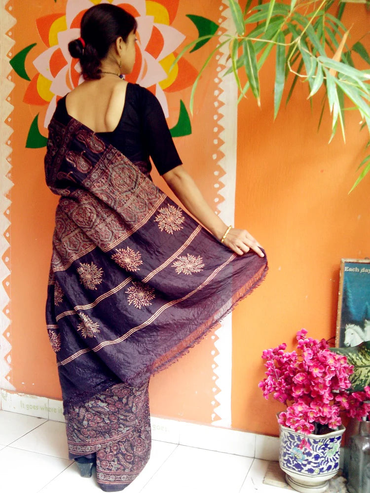 Rust Brown Mulberry Silk Ajrakh Handblock Saree Nature Inspired