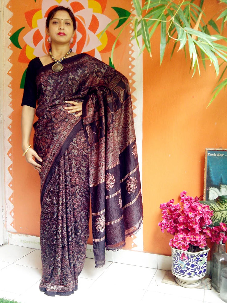 Rust Brown Mulberry Silk Ajrakh Handblock Saree Nature Inspired