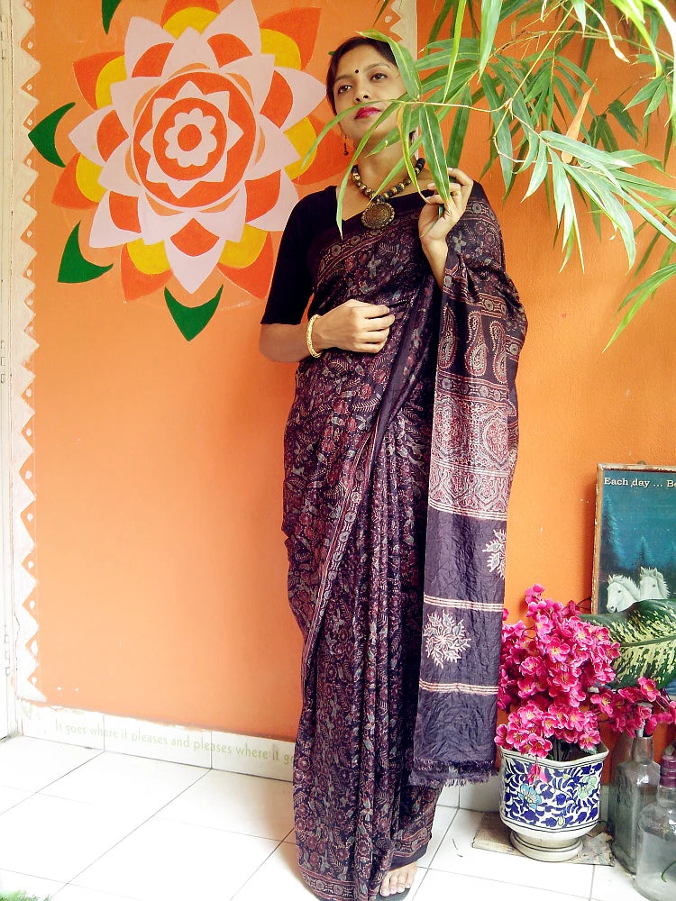 Rust Brown Mulberry Silk Ajrakh Handblock Saree Nature Inspired