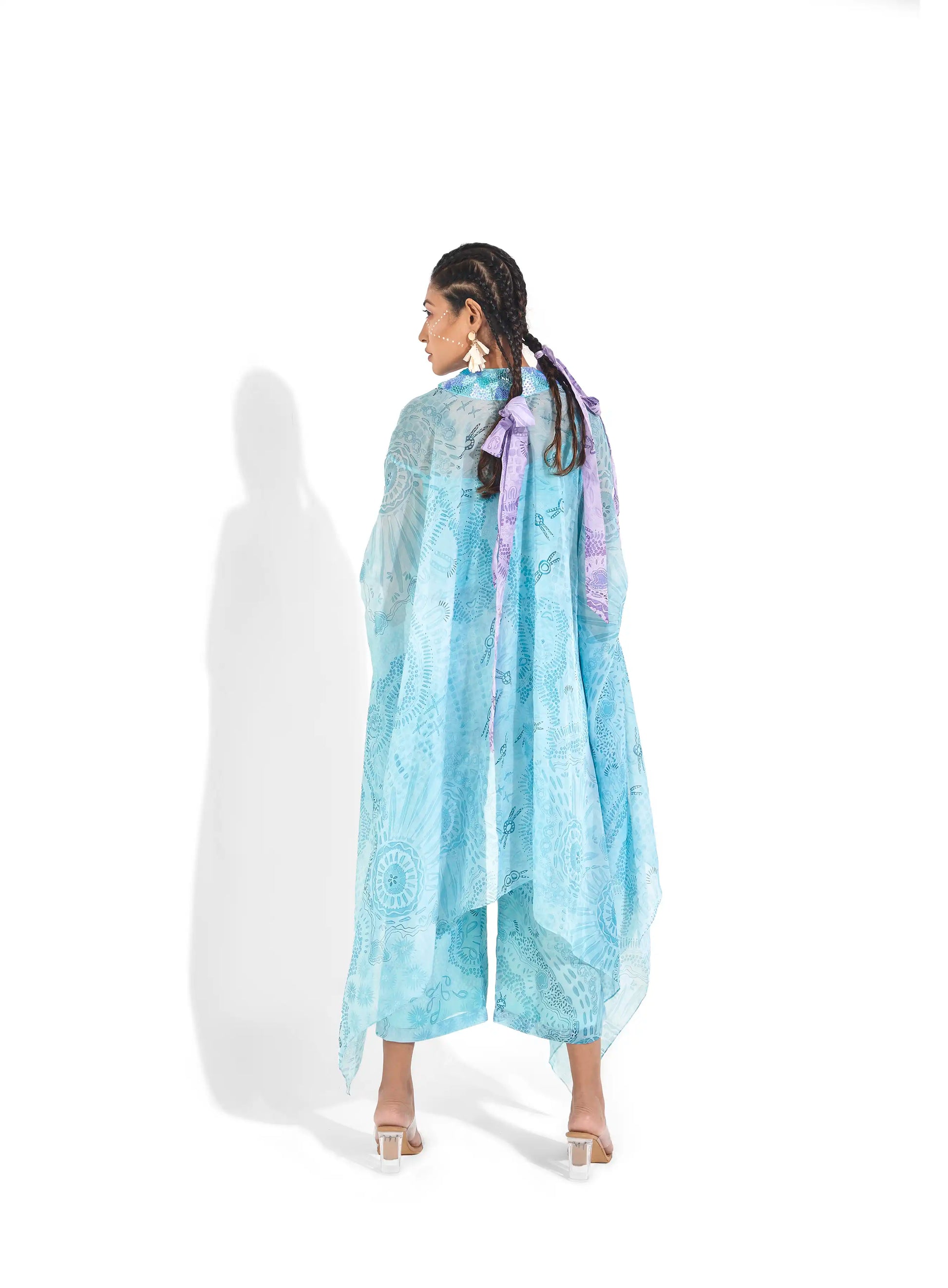 Relaxed Blue Aqua Organza Saija Printed Kaftan Top Embellished Neckline