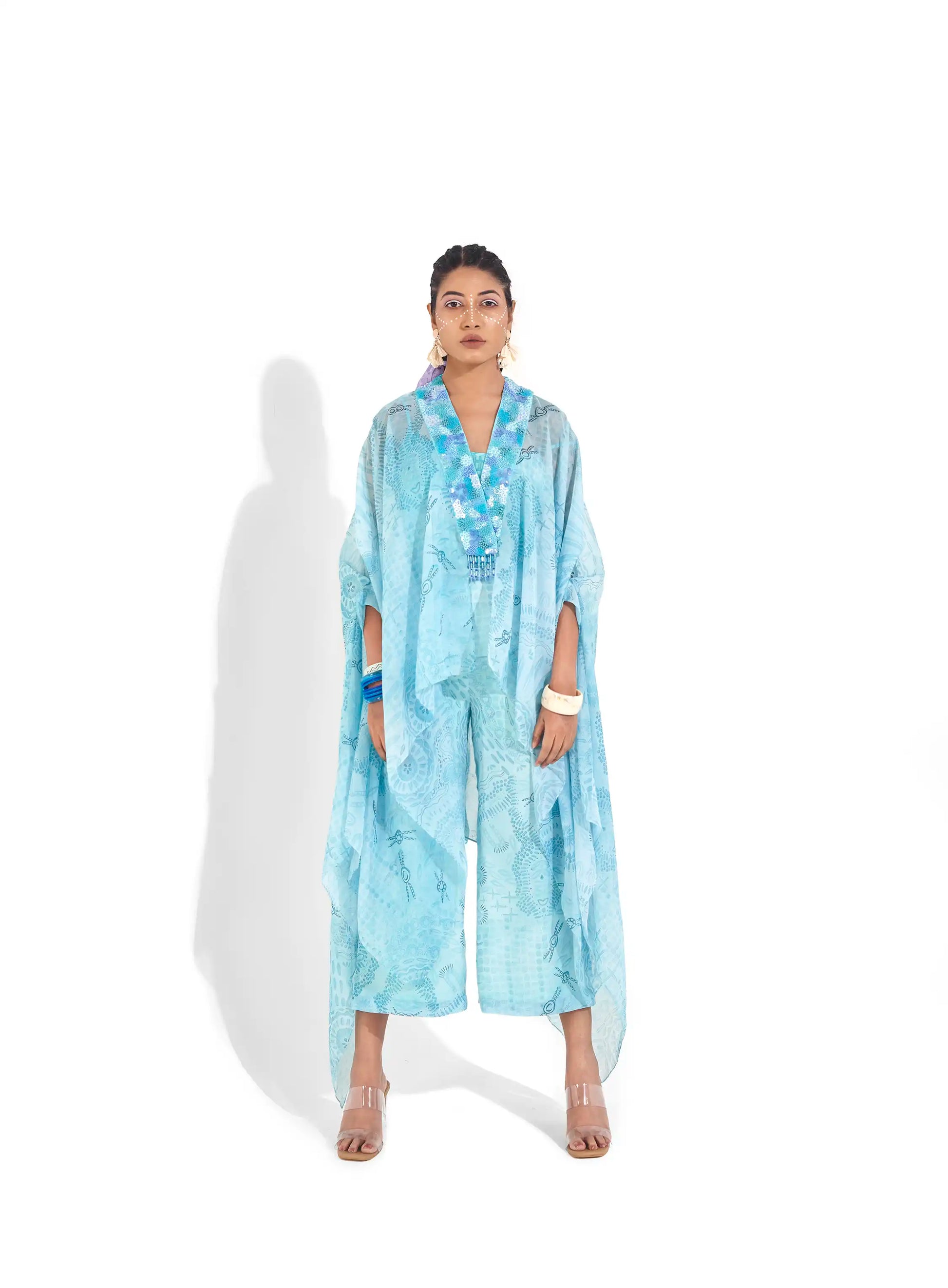 Masterpiece Blue Aqua Organza Saija Kaftan Bustier & Pants Set