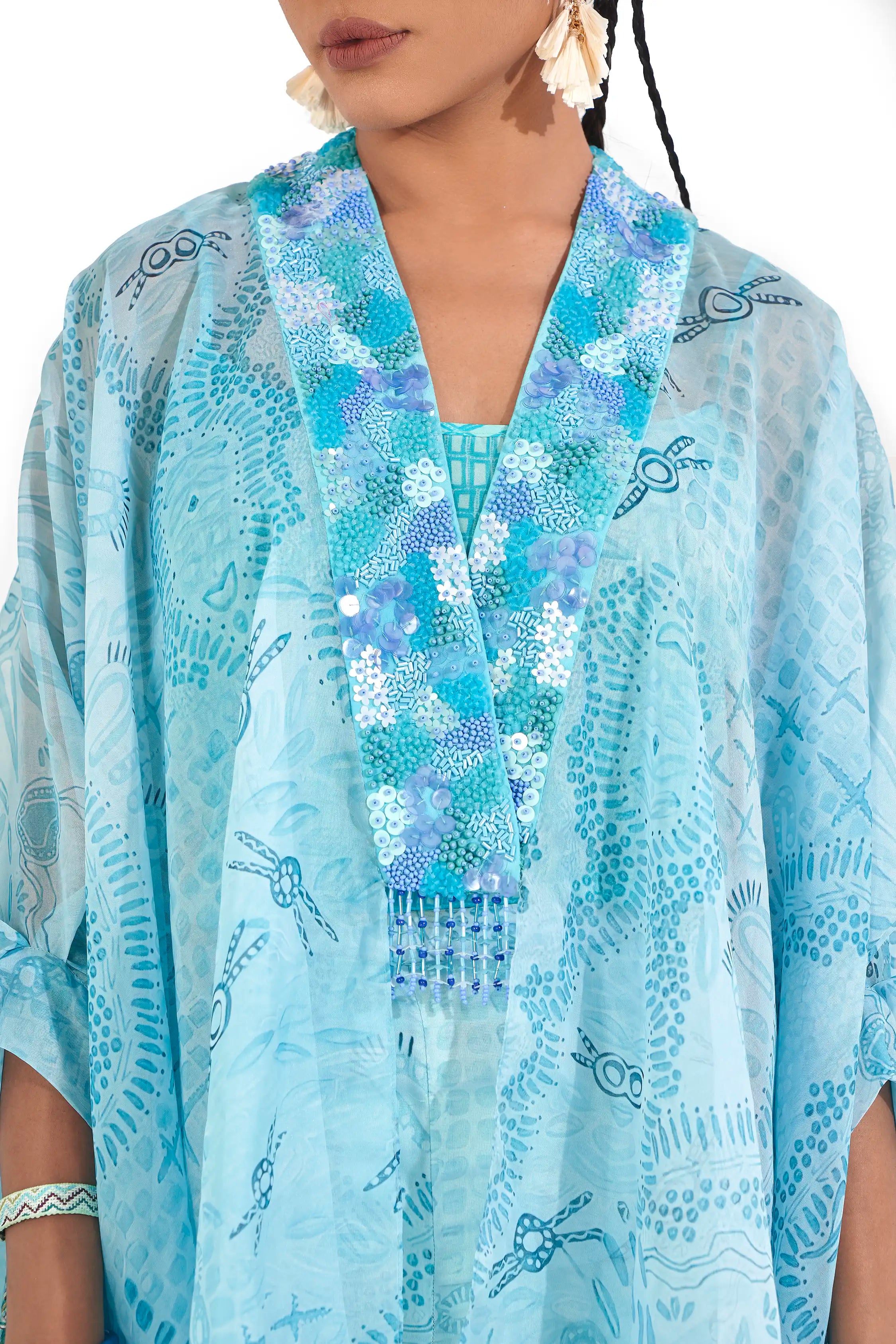 Relaxed Blue Aqua Organza Saija Printed Kaftan Top Embellished Neckline