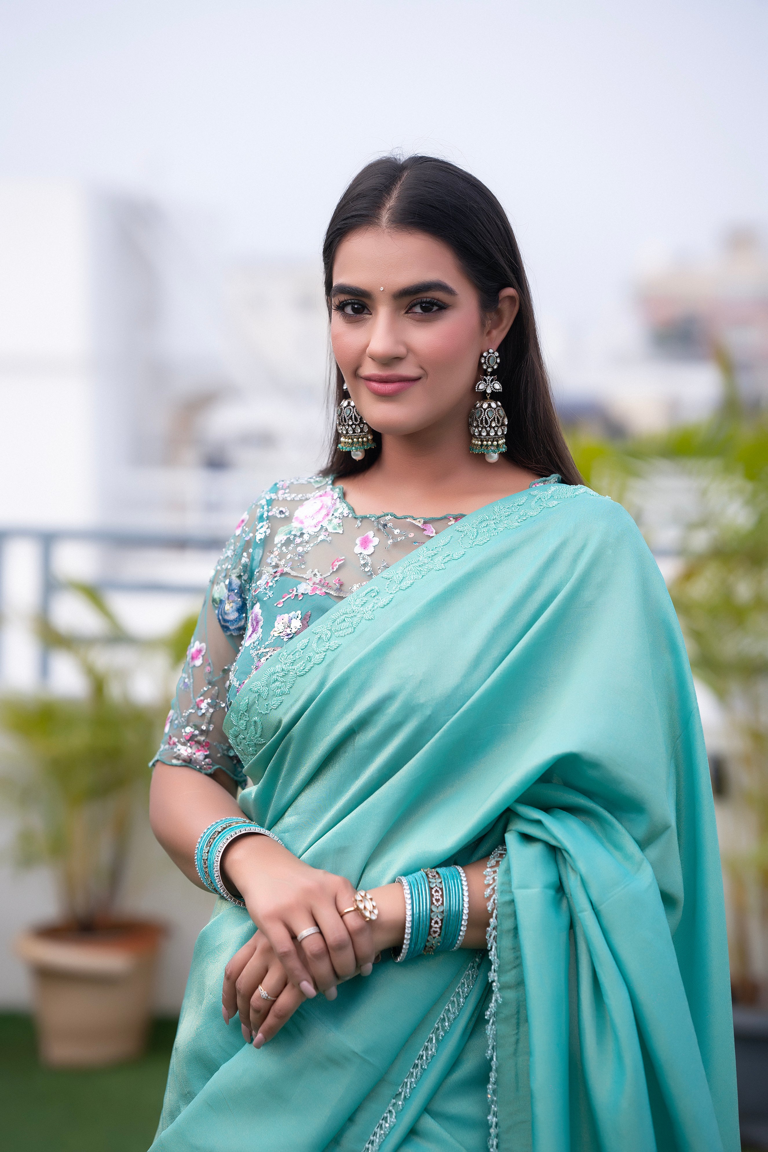 Sea Green Pastel Mint Tissue Saree Floral Embroidered Blouse
