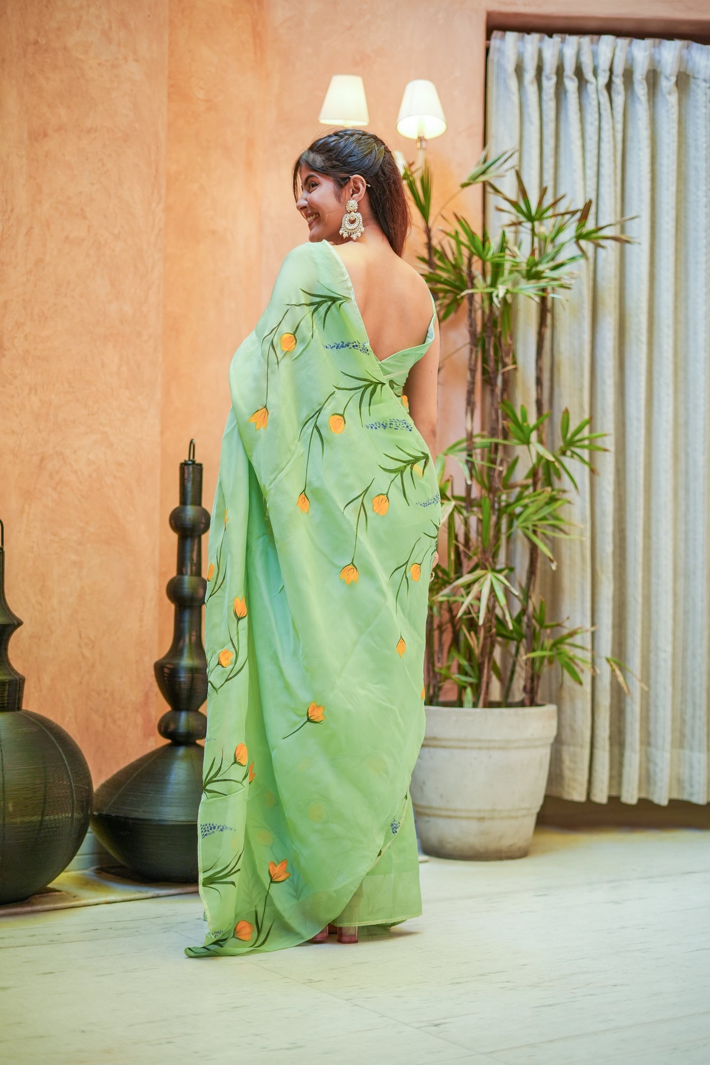Breathtaking Green Silk Organza Handpainted Saree Floral Artistic