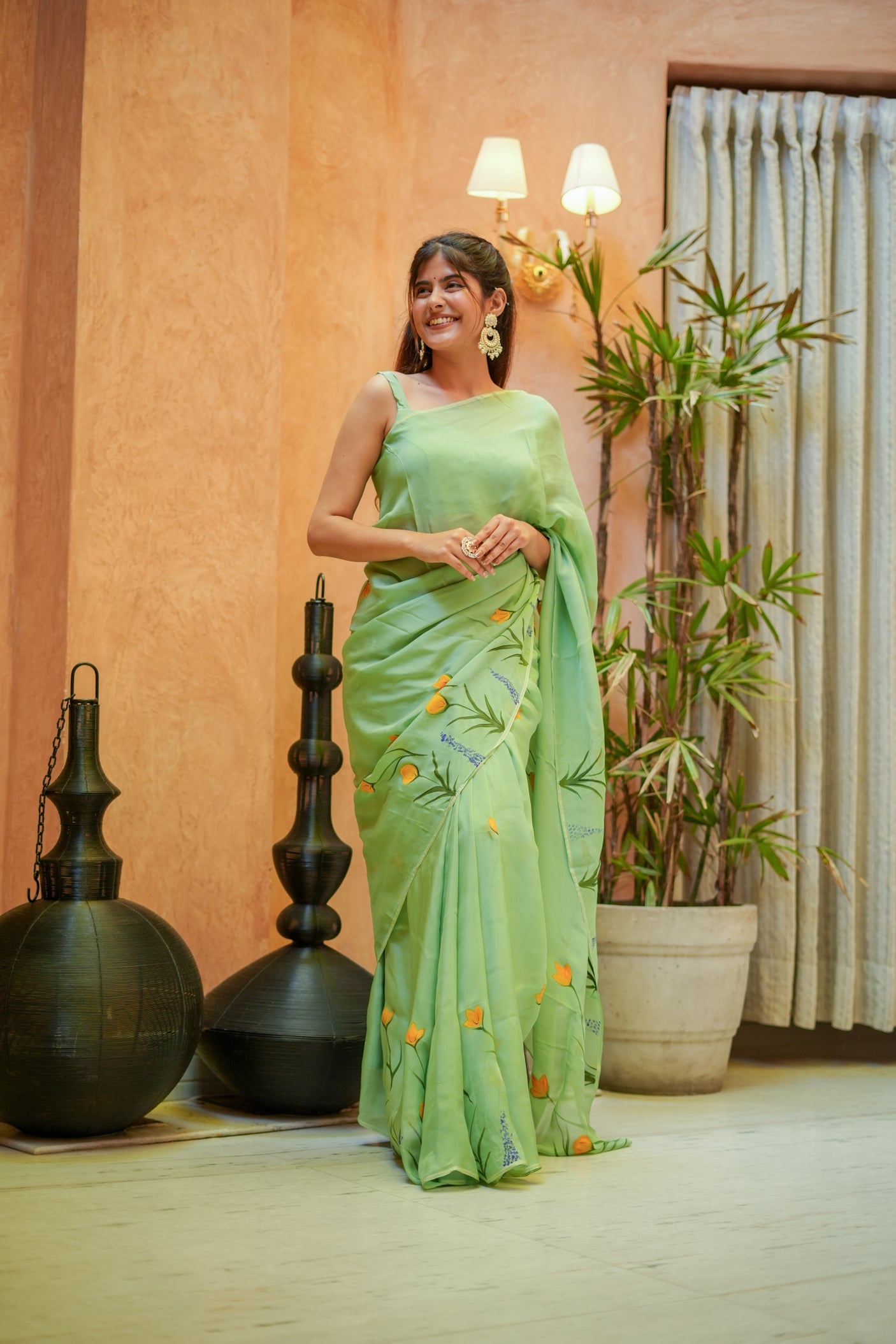 Breathtaking Green Silk Organza Handpainted Saree Floral Artistic