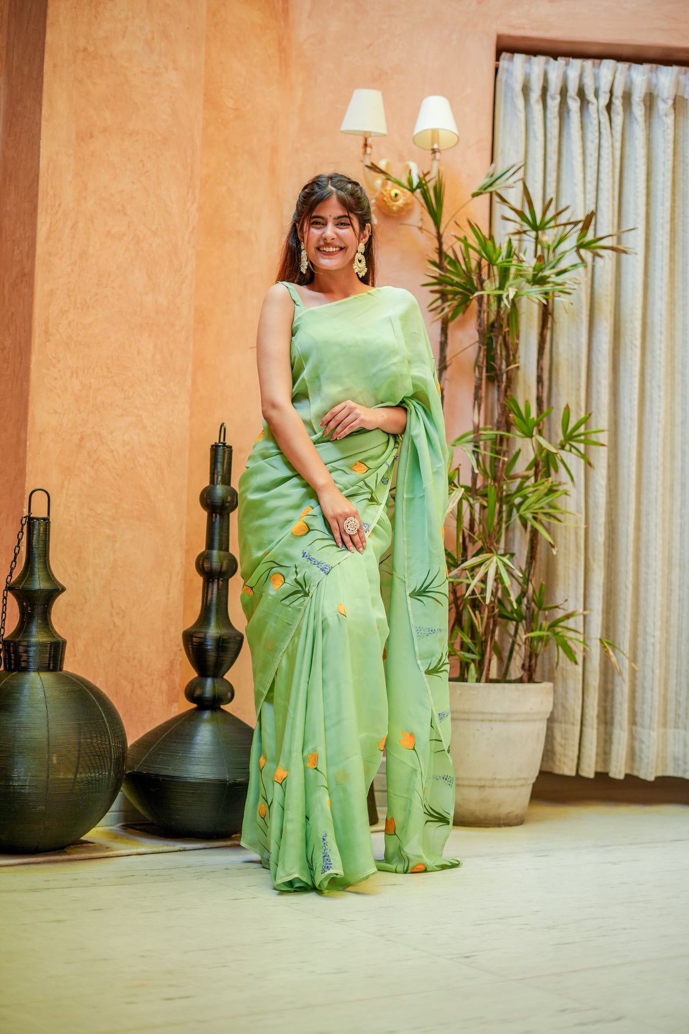 Breathtaking Green Silk Organza Handpainted Saree Floral Artistic