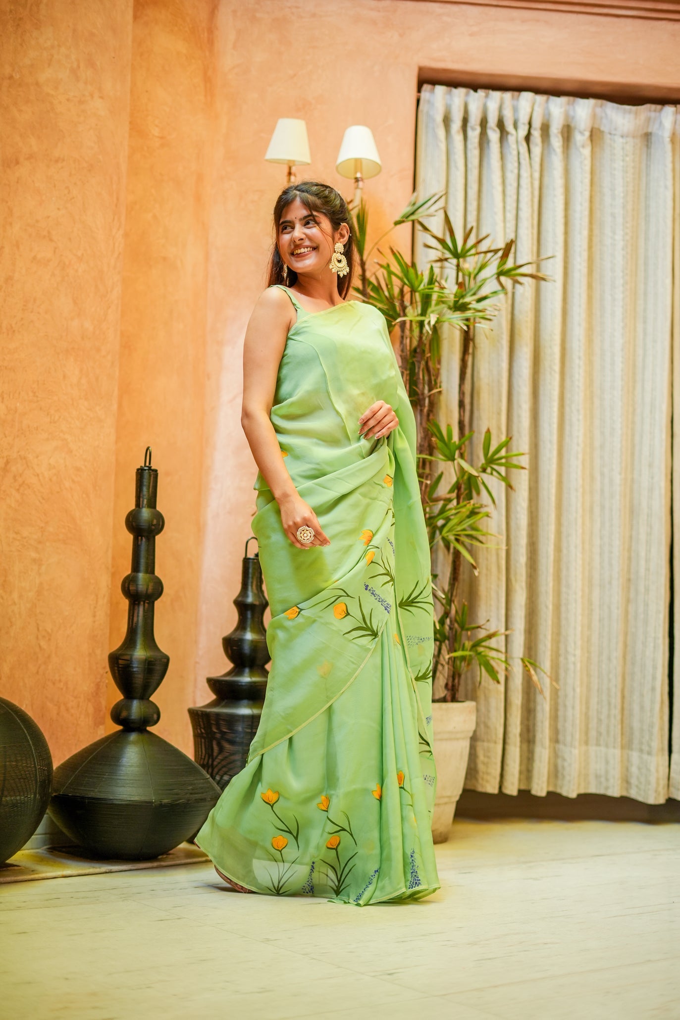 Breathtaking Green Silk Organza Handpainted Saree Floral Artistic