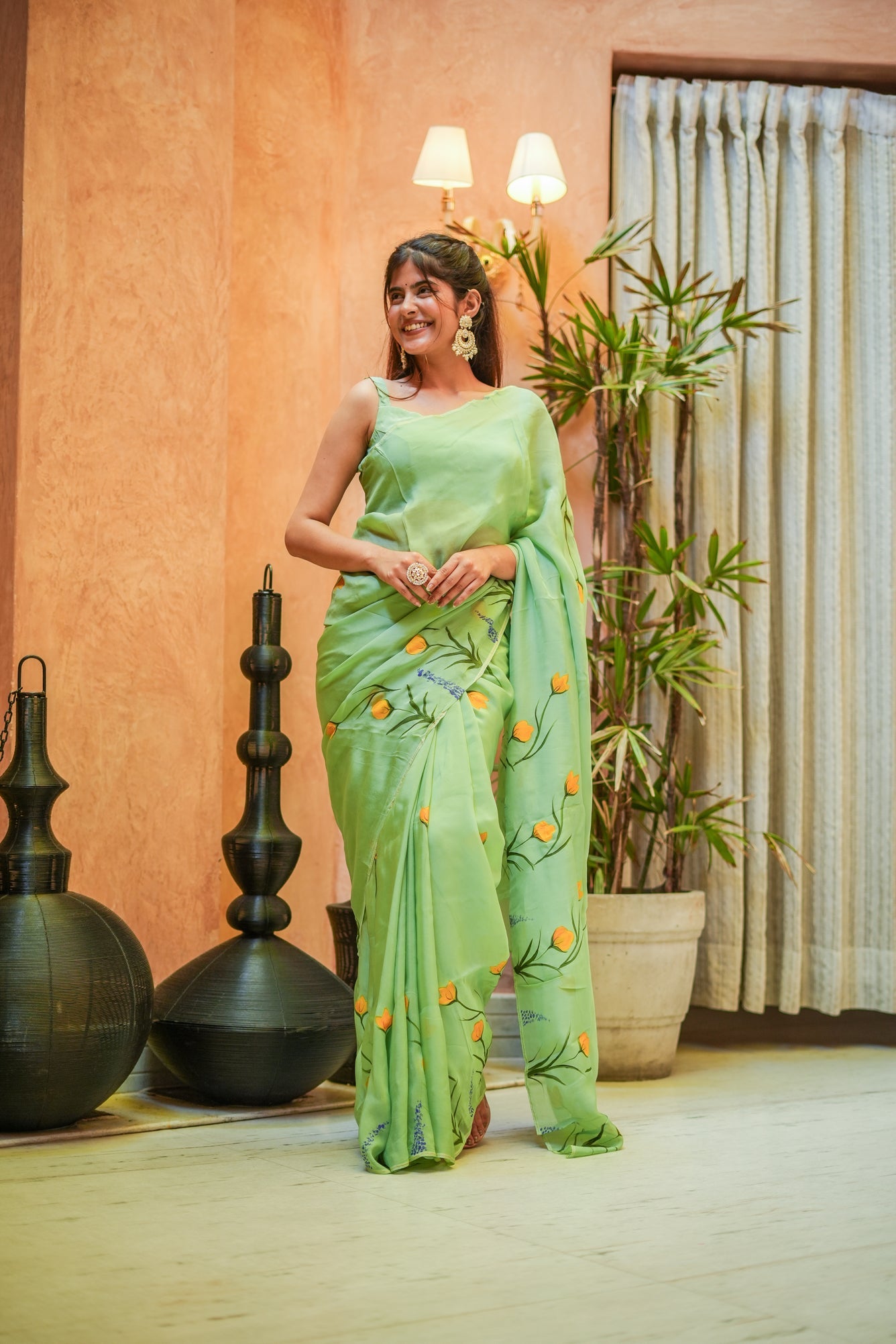 Breathtaking Green Silk Organza Handpainted Saree Floral Artistic