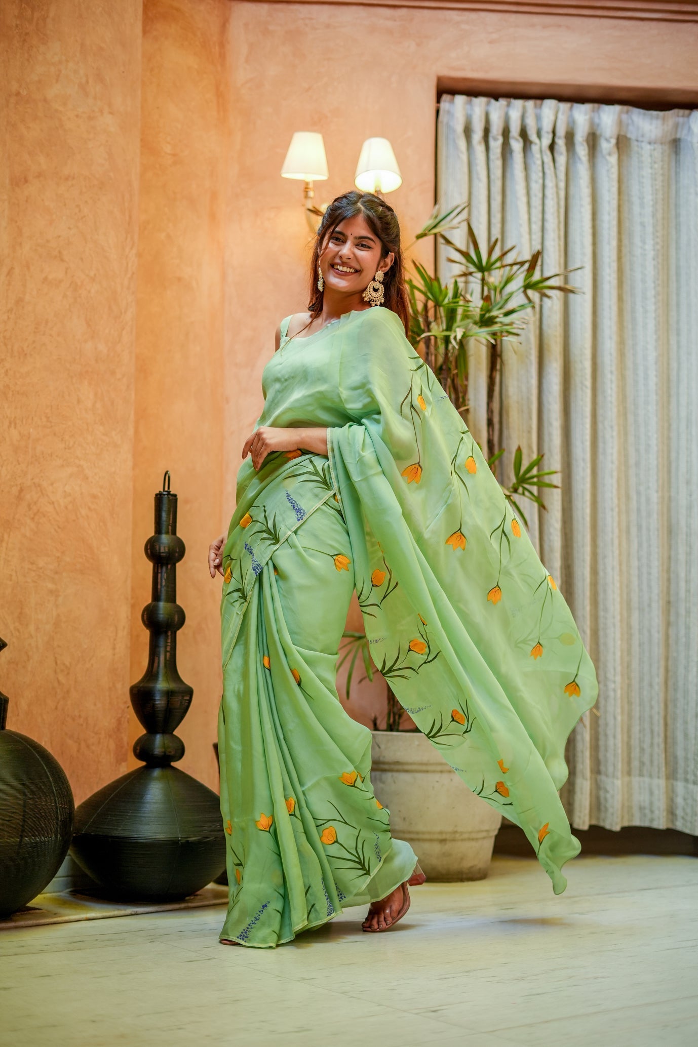 Breathtaking Green Silk Organza Handpainted Saree Floral Artistic