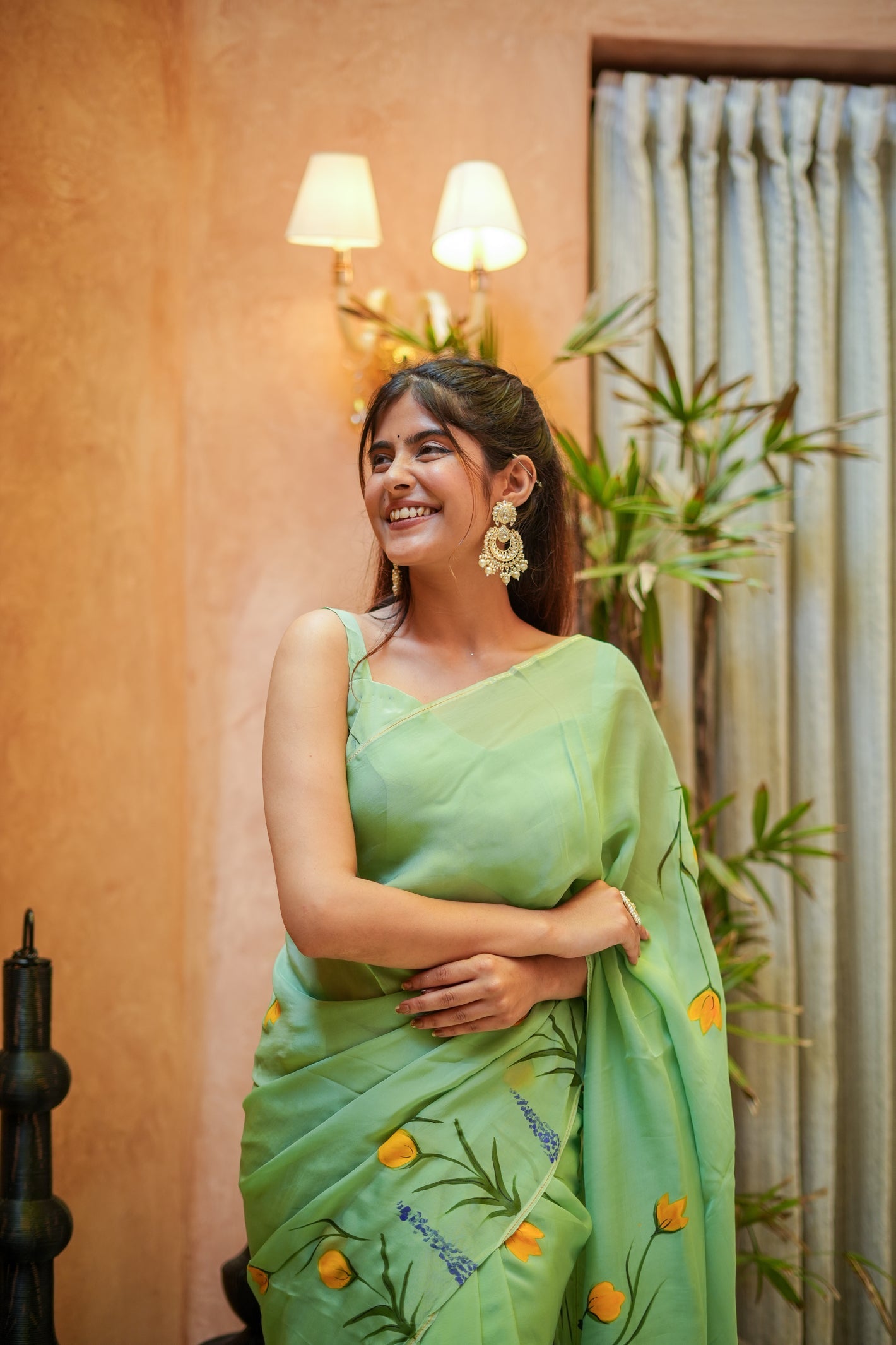 Breathtaking Green Silk Organza Handpainted Saree Floral Artistic
