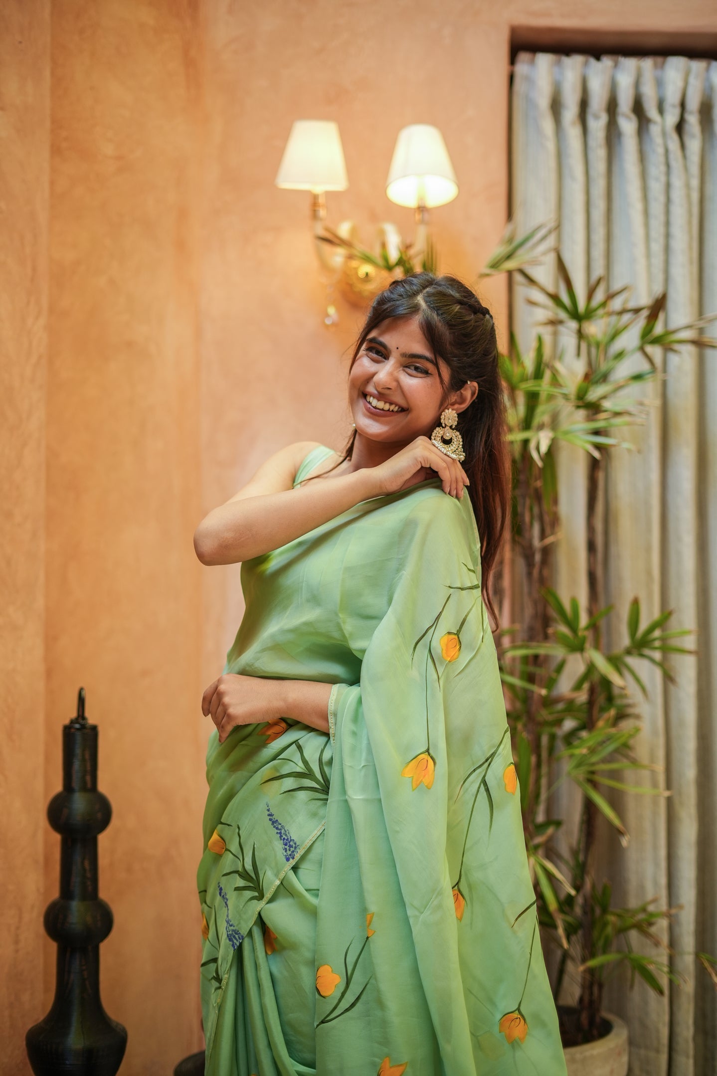 Breathtaking Green Silk Organza Handpainted Saree Floral Artistic