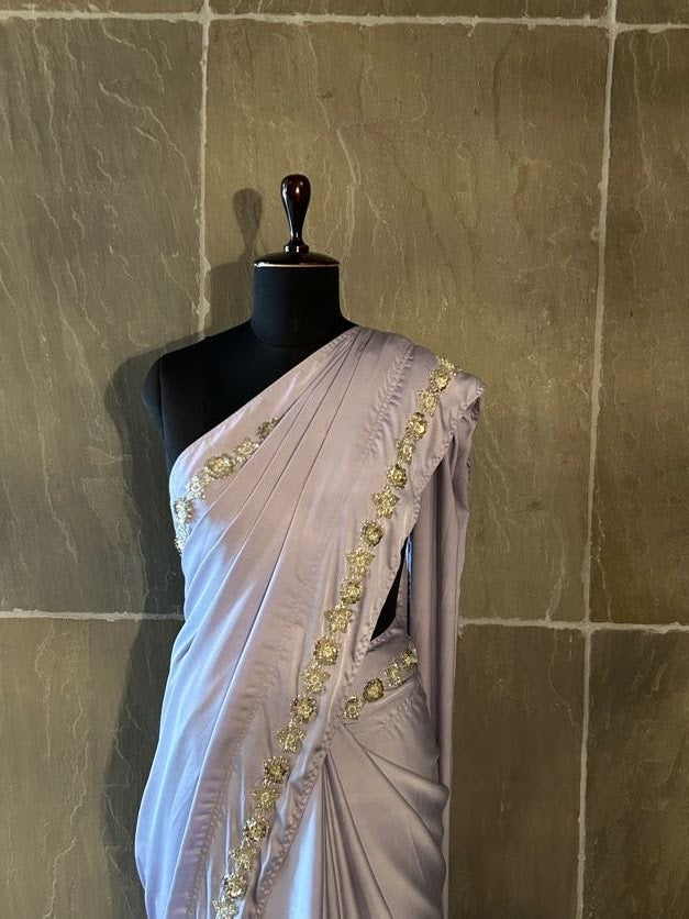 Lavender Saree Silver Metal Sequin 3D Flowers