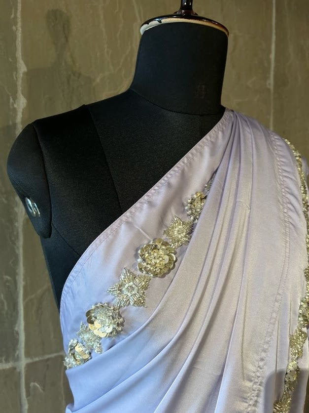 Lavender Saree Silver Metal Sequin 3D Flowers