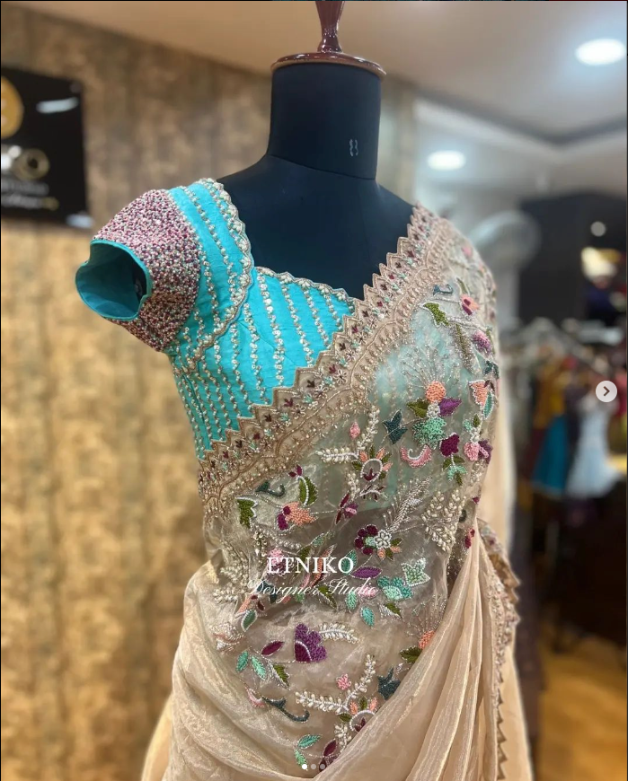 White Embroidered Saree with Embellished Blue Blouse - Festive Saree