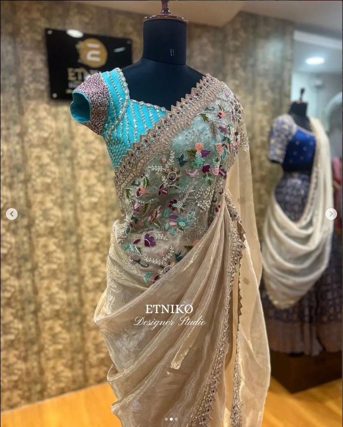 White Embroidered Saree with Embellished Blue Blouse - Festive Saree