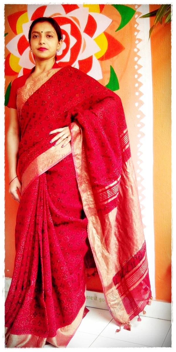 Madder Red Linen Silk Ajrakh Handblock Saree Imitation Zari Nature