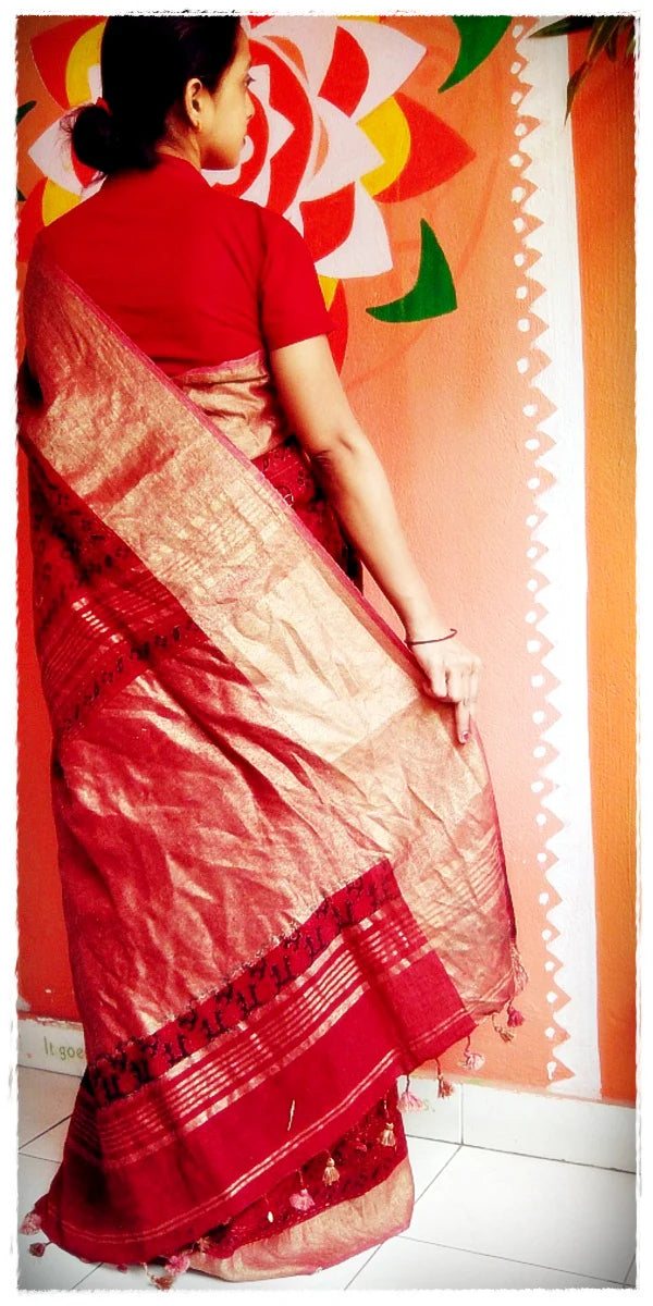 Madder Red Linen Silk Ajrakh Handblock Saree Imitation Zari Nature