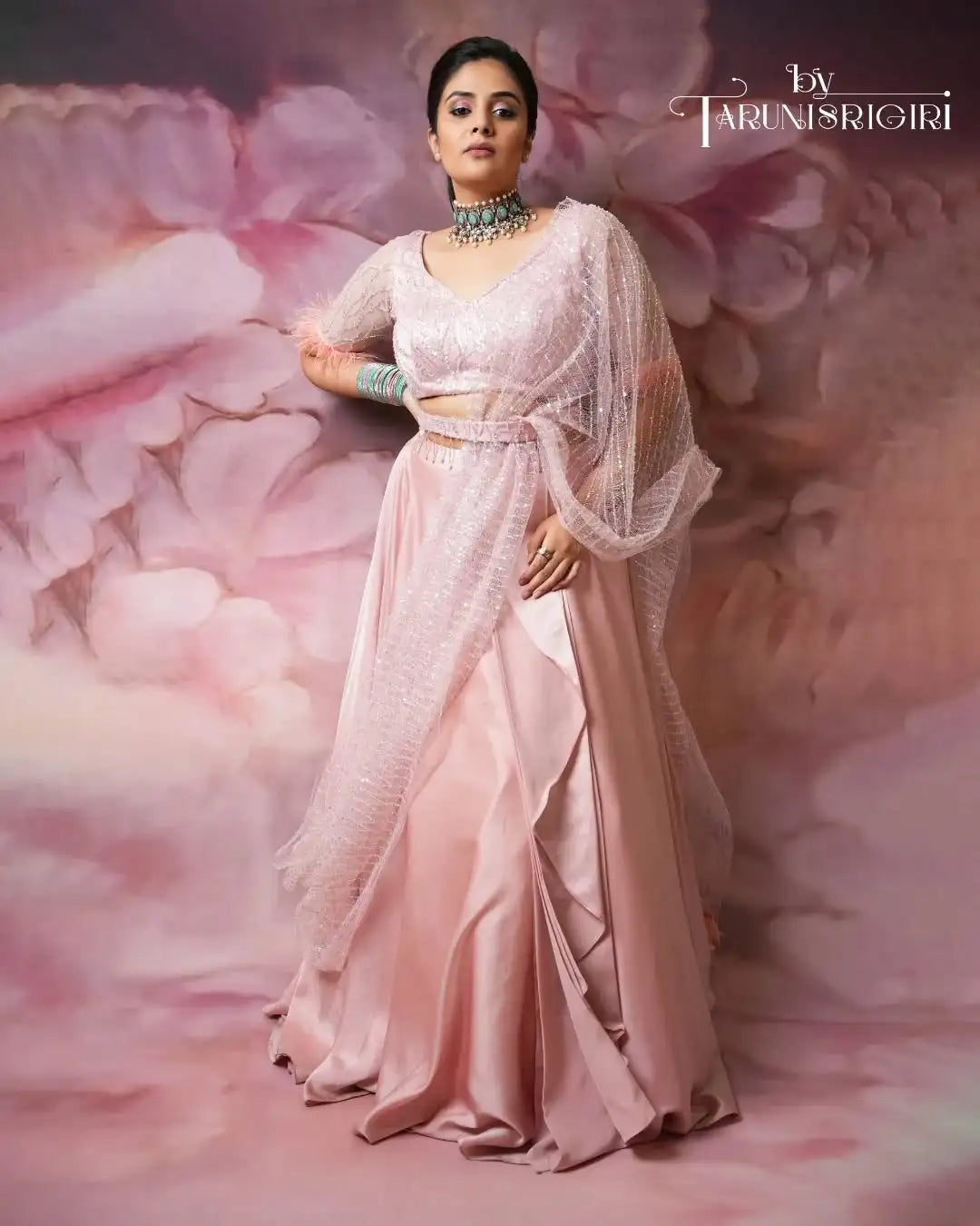 Elegant Blush Pink Satin Draped Lehenga Hand Embroidery Set