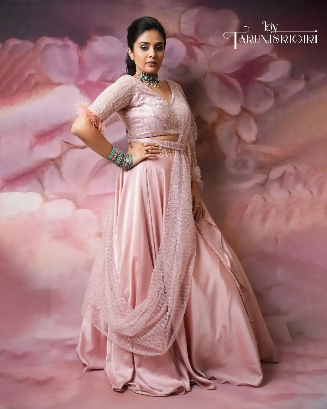 Elegant Blush Pink Satin Draped Lehenga Hand Embroidery Set