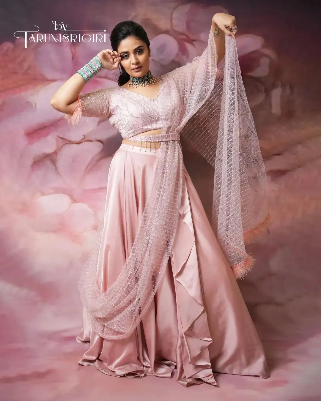 Elegant Blush Pink Satin Draped Lehenga Hand Embroidery Set