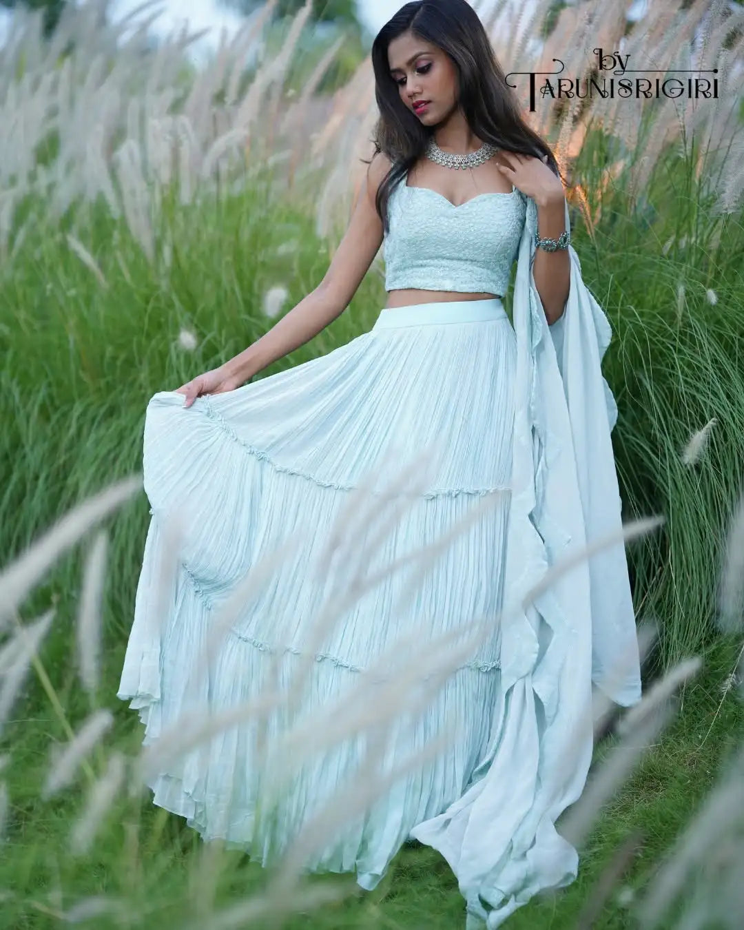 Elegant Blue Georgette Chikankari Hand Embroidered Lehenga Set