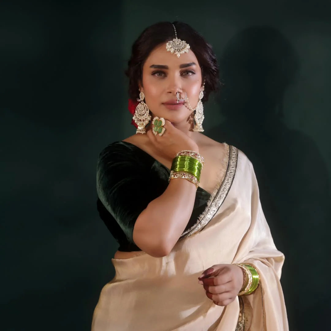 Elegant Black Beige Velvet Blouse Georgette Lehenga Gold Zari