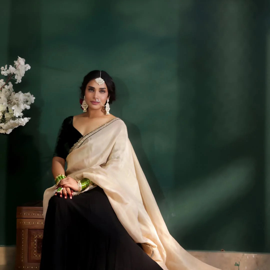 Elegant Black Beige Velvet Blouse Georgette Lehenga Gold Zari