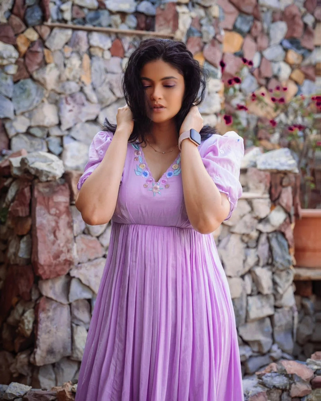 Timeless Lilac Mulmul Cotton Calf-Length Reshmi Frock