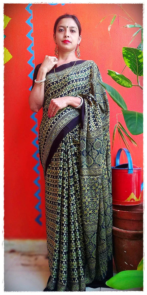Snighda - Premium Modal Silk Ajrakh Hand Block Print Designer Saree