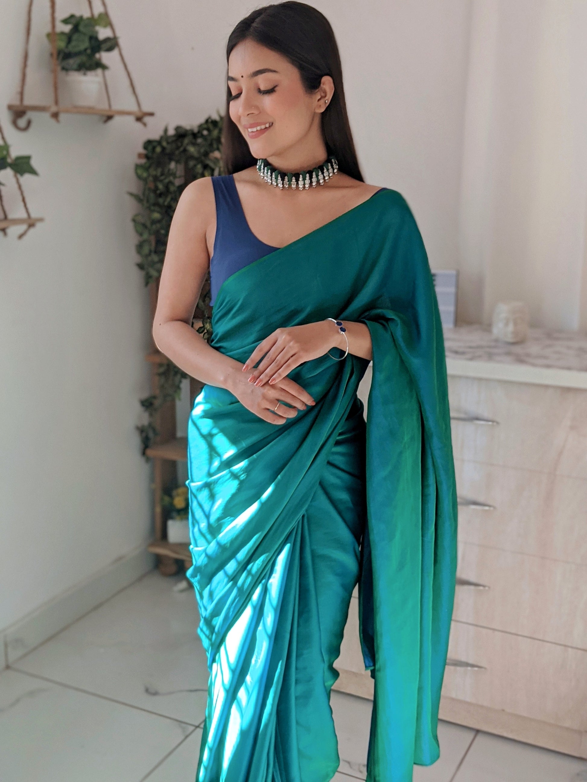 Appealing Teal Blue Dual Tone Reversible Satin Silk Saree