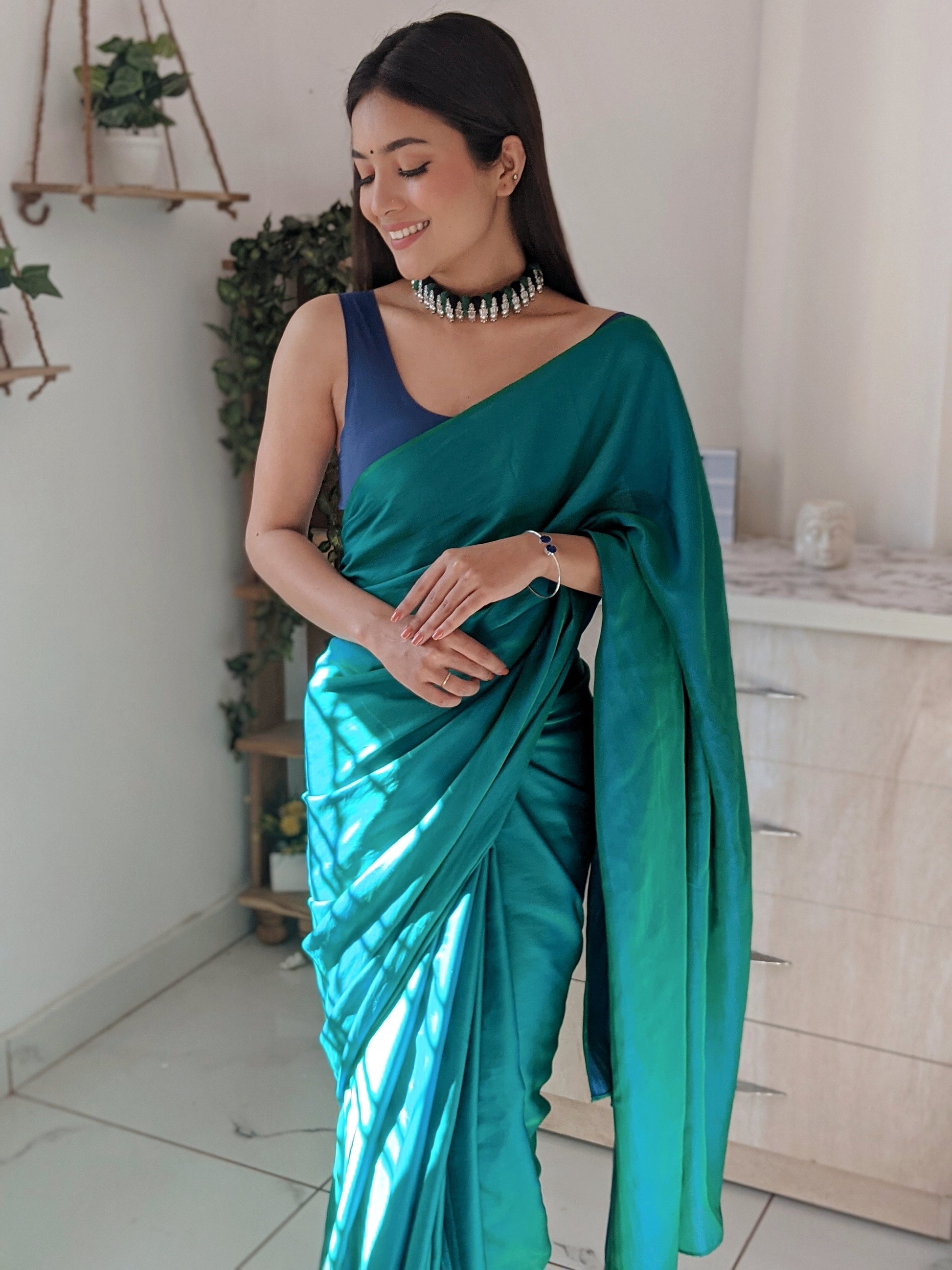 Appealing Teal Blue Dual Tone Reversible Satin Silk Saree
