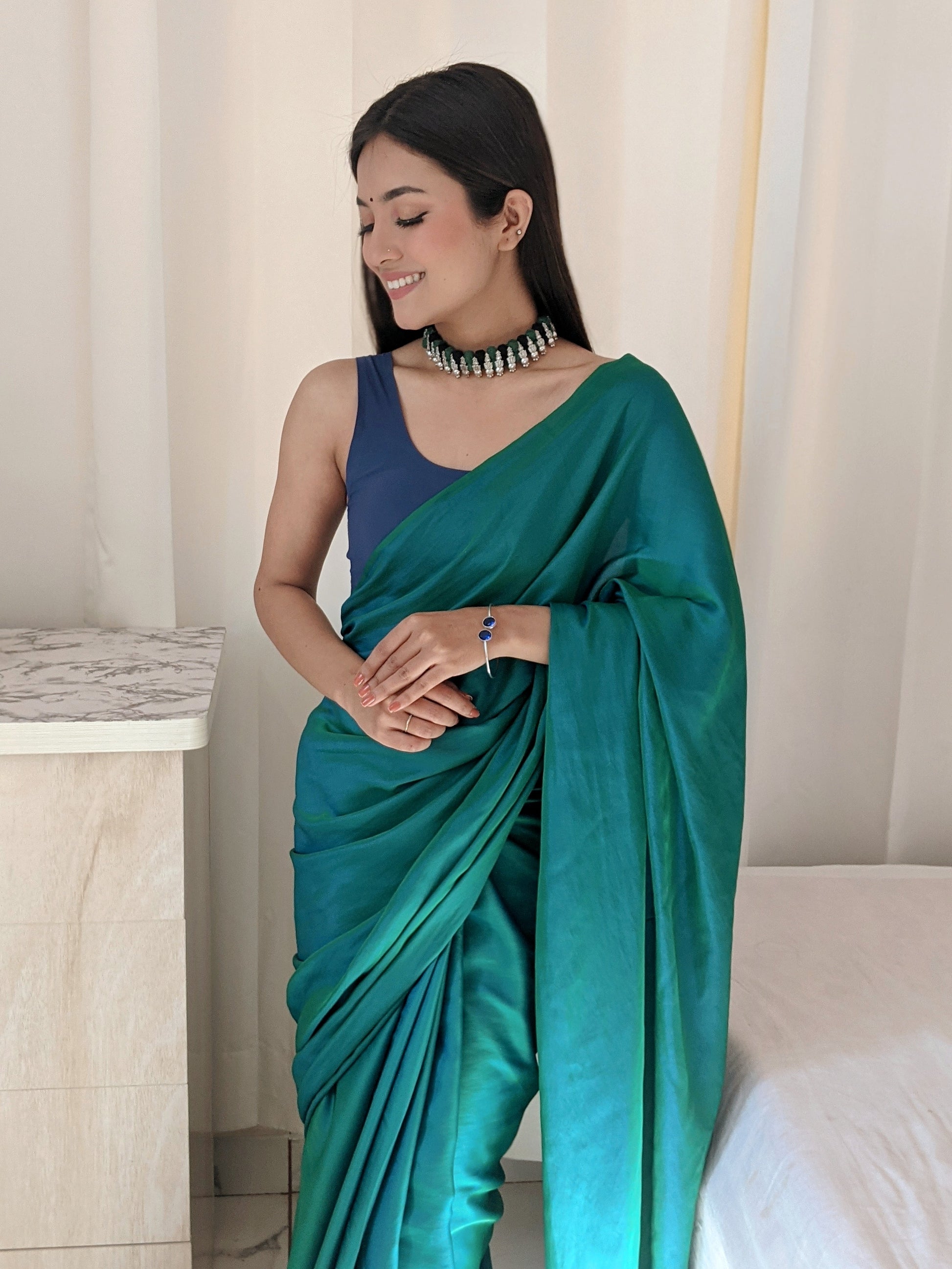 Appealing Teal Blue Dual Tone Reversible Satin Silk Saree