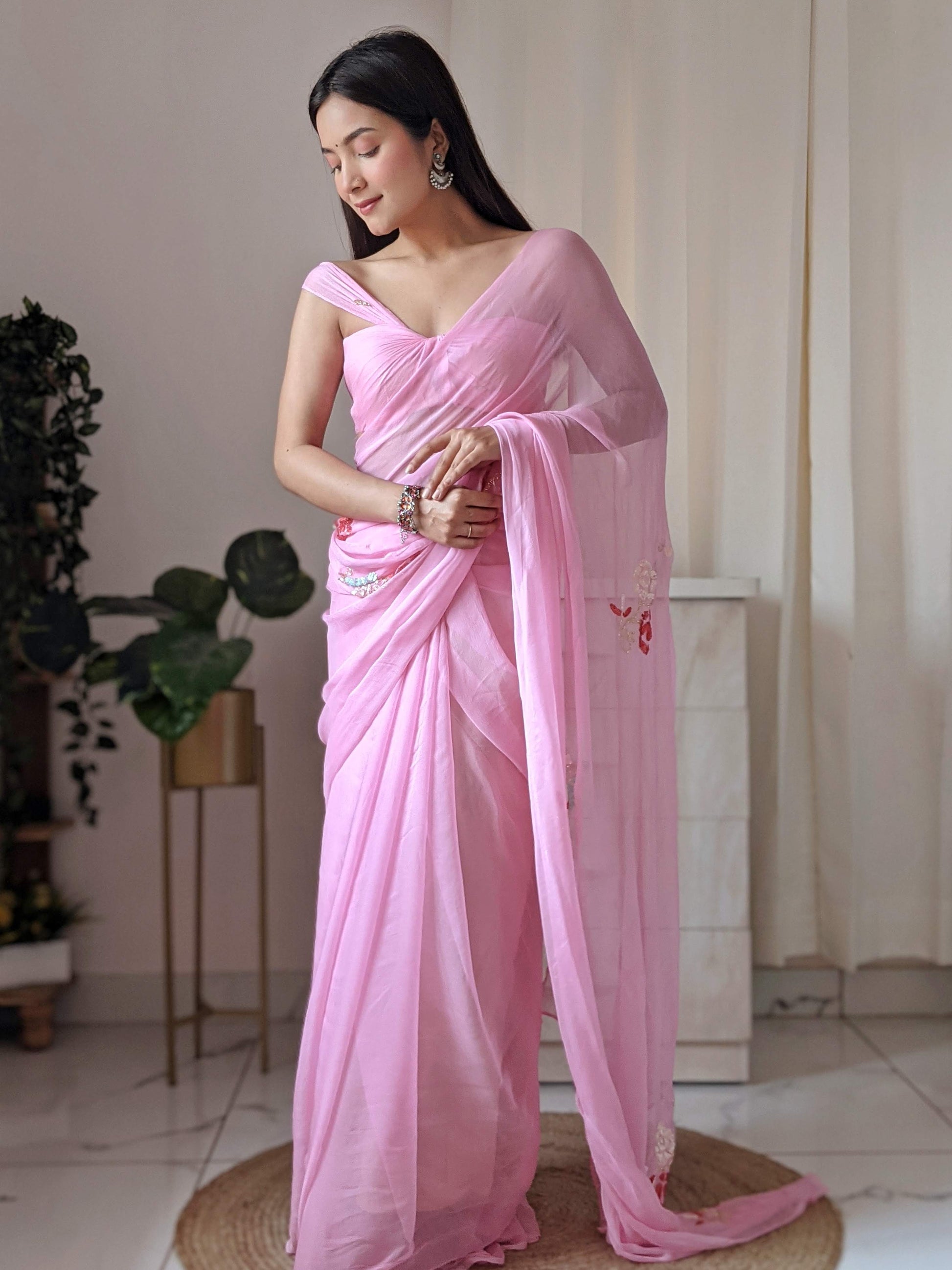 Bright Pink Chiffon Saree with Designer Sequin Buttis