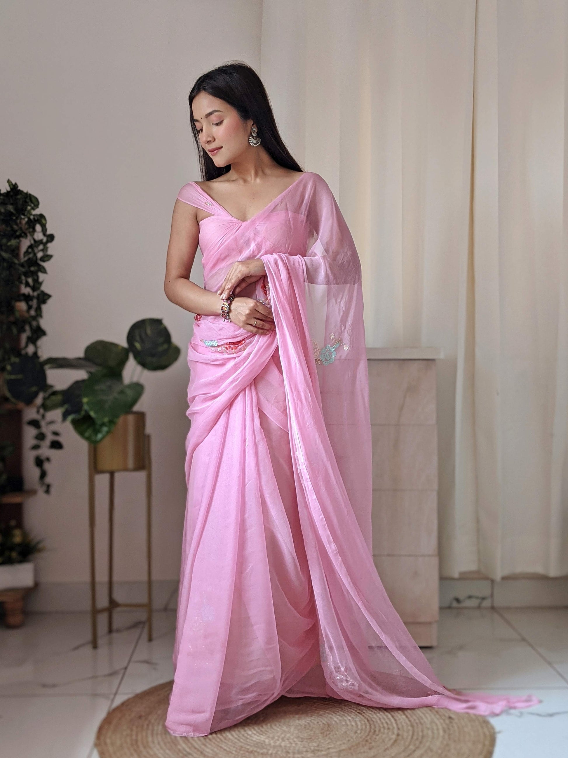 Bright Pink Chiffon Saree with Designer Sequin Buttis